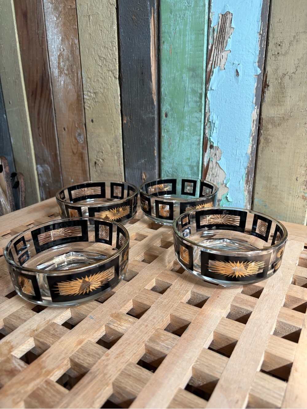 Vintage Janette Glass bowls Atomic Sunburst black gold MCM